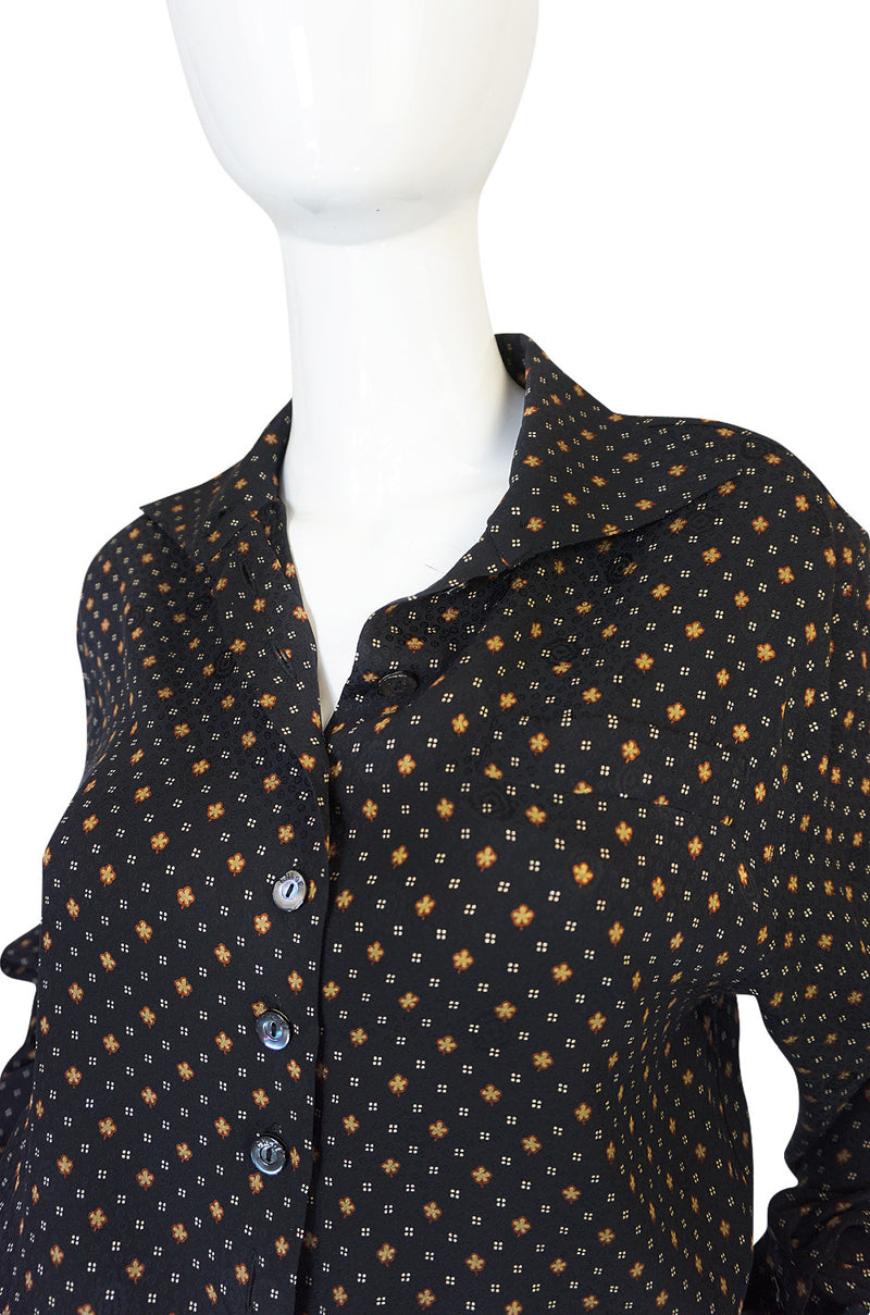 Gorgeous 1970s Print Chloe Black Silk Cuffed Top