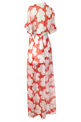 c. 1978 Yves Saint Laurent Large Floral Print Coral Plunge Silk Chiffon Dress