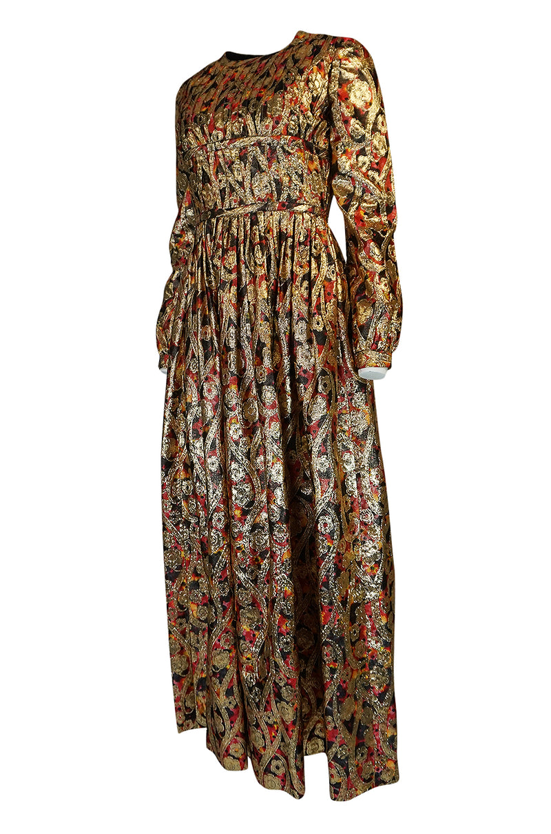 1960s Pat Sandler Metallic Gold & Coral Floral Print Full Length Dress