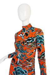 1960s Bright Coral Cheongsam Inspired Print Dress