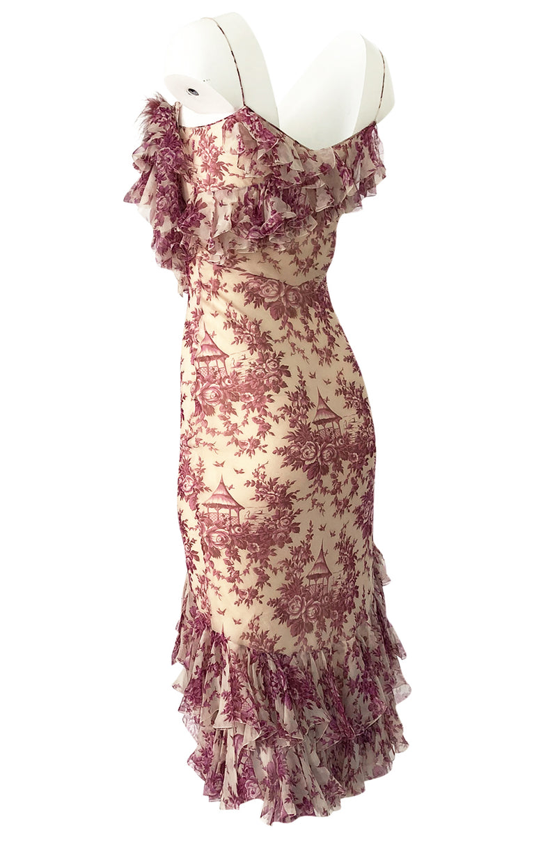2000s John Galliano Purple Floral Print Silk Bias Cut Ruffle Dress
