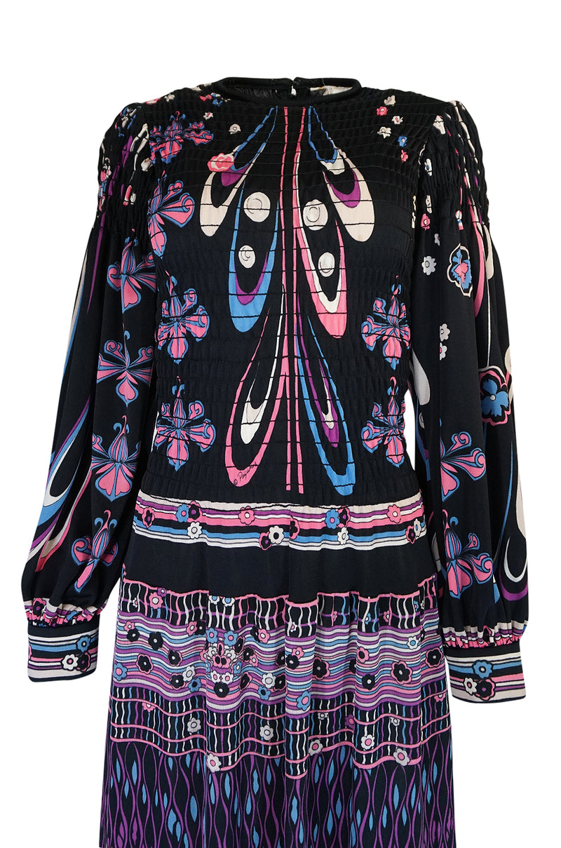 Unusual 1970s Paganne Smocked Jersey Printed Maxi Dress
