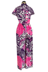 1960s Gino Charles for Malcolm Starr Purple & Pink Printed Jumpsuit w Extra Wide Legs
