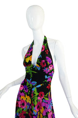 1970s Miss Dior Plunging Bright Floral Print Halter Dress