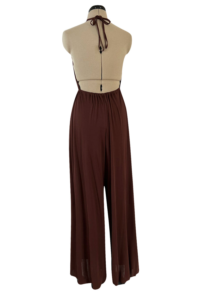 Gorgeous 1980s Genny Brown Jersey Backless Jumpsuit w Wide Legs & Floral Applique