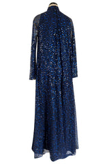 Incredible 1970-1972 Mollie Parnis Blue Sequin on Silk Chiffon Caftan Dress w Wide Sleeves