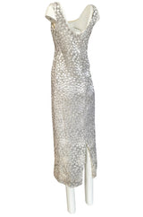 1960s Unlabeled Ivory Silk Dress w Chenille Applique & Beading Detail