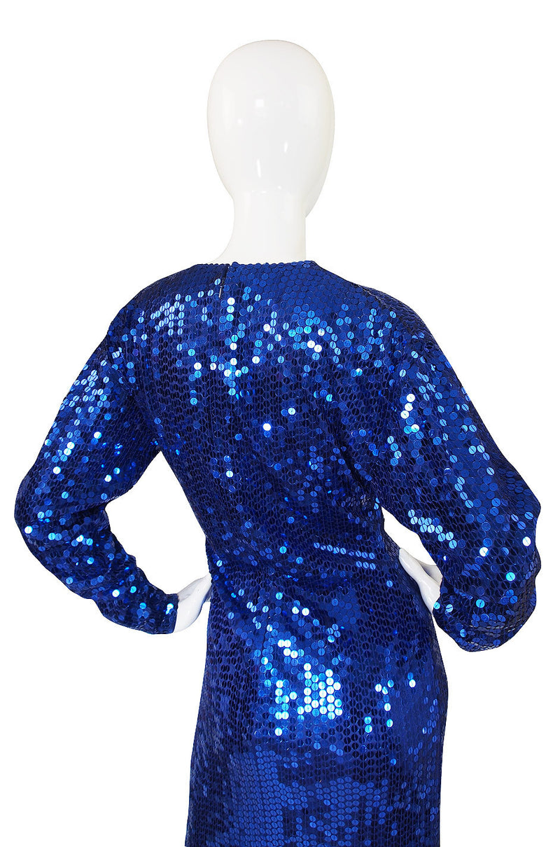 1980s Oleg Cassini Blue Sequin Dress