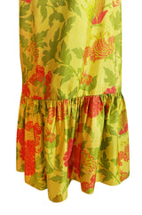 1960s Unlabelled Coral & Green Floral Print on Yellow Silk Skirt