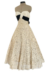 Exceptional Spring 1956 Pierre Balmain Haute Couture Strapless French Alencon Lace & Silk Organza Dress