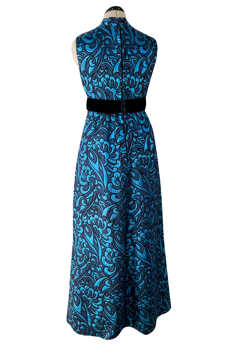 Late 1960s Lanvin by Jules-Francois Crahay Blue Metallic Silk Dress w Bow Detailing