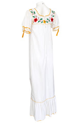1950s Handmade Mexican Floral Embroidered White Cotton Dress