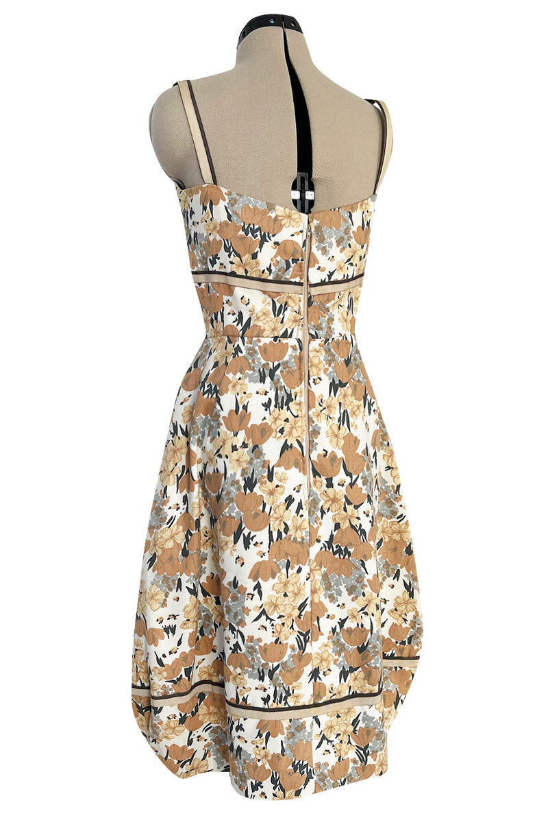 Rare 1960s Jane Derby by Oscar de la Renta Floral Print Dress w Ribbon & Bubble Skirt Detail