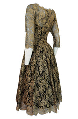 Rare 1950s Jacques Heim Full Skirted Black Net Dress w Gold Thread Lace