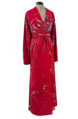 Gorgeous 1970s Hanae Mori Red Silk Kimono Caftan Dress w Sash & Beautiful Butterfly Print