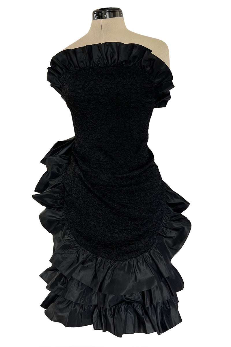 Dramatic Fall 1987 Yves Saint Laurent Strapless Silk & Taffeta Dress w Ruffles & Bow