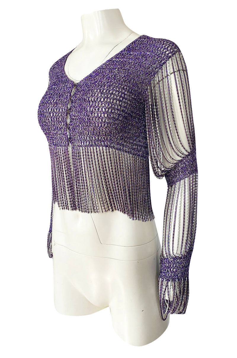 1971- 1973 Loris Azzaro Purple Metallic Lame Crochet Knit & Silver Chain Top
