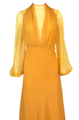 Spring 1972 James Galanos Couture Deep Yellow Silk & Chiffon Plunge Dress