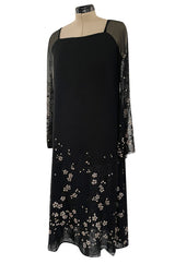 Late 1970s Pauline Trigere Black Silk Chiffon Dress w Silver Fused Glitter Flower Design