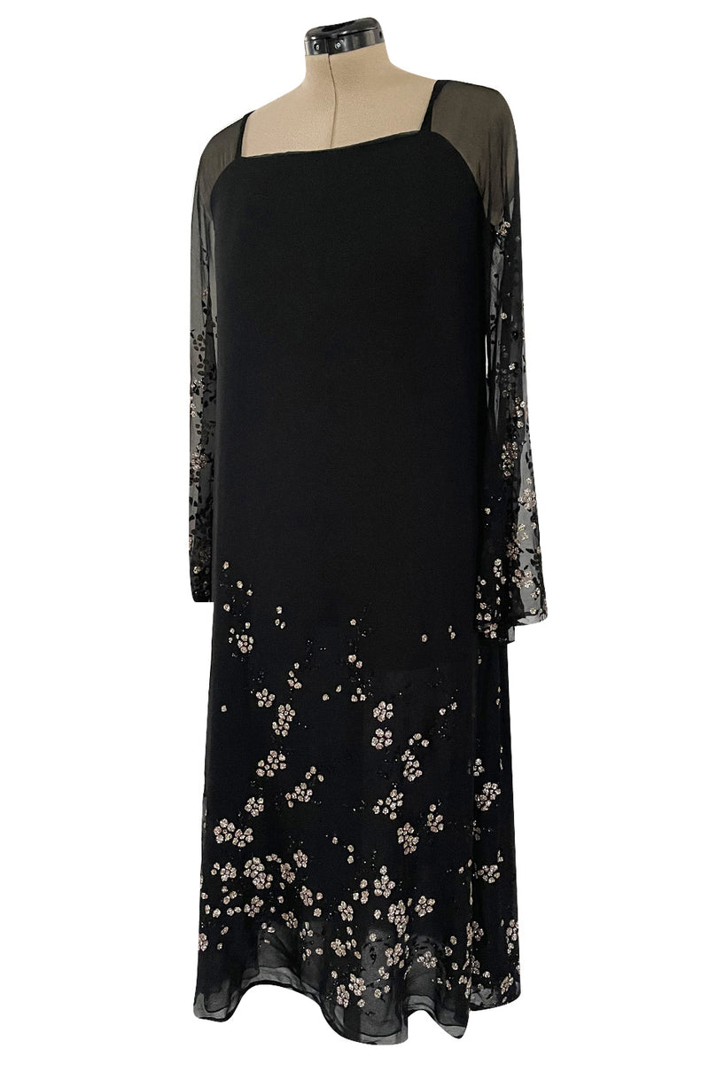 Late 1970s Pauline Trigere Black Silk Chiffon Dress w Silver Fused Glitter Flower Design
