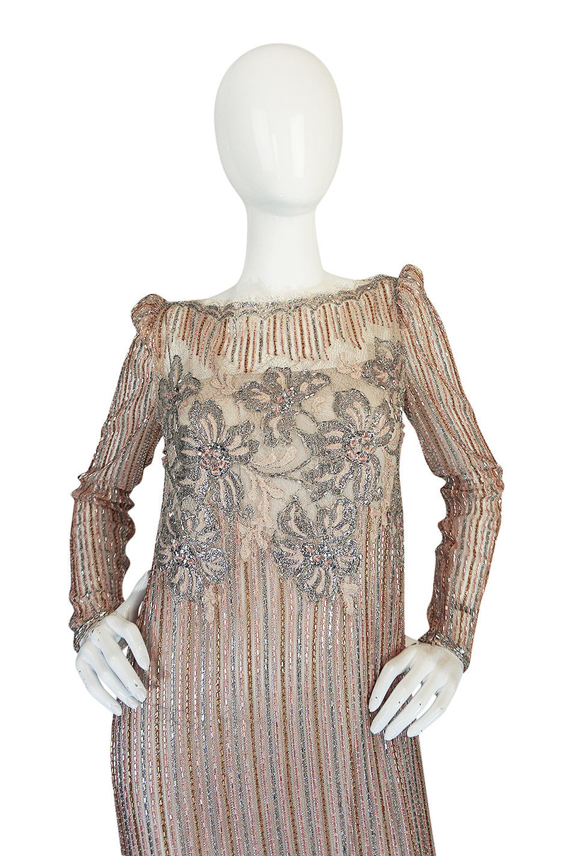 1980s Fernando Pena Gold & Pink Bead Sequin & Net Dress
