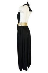 Documented 1980 Bill Tice Plunge Black & Gold Backless Halter Dress