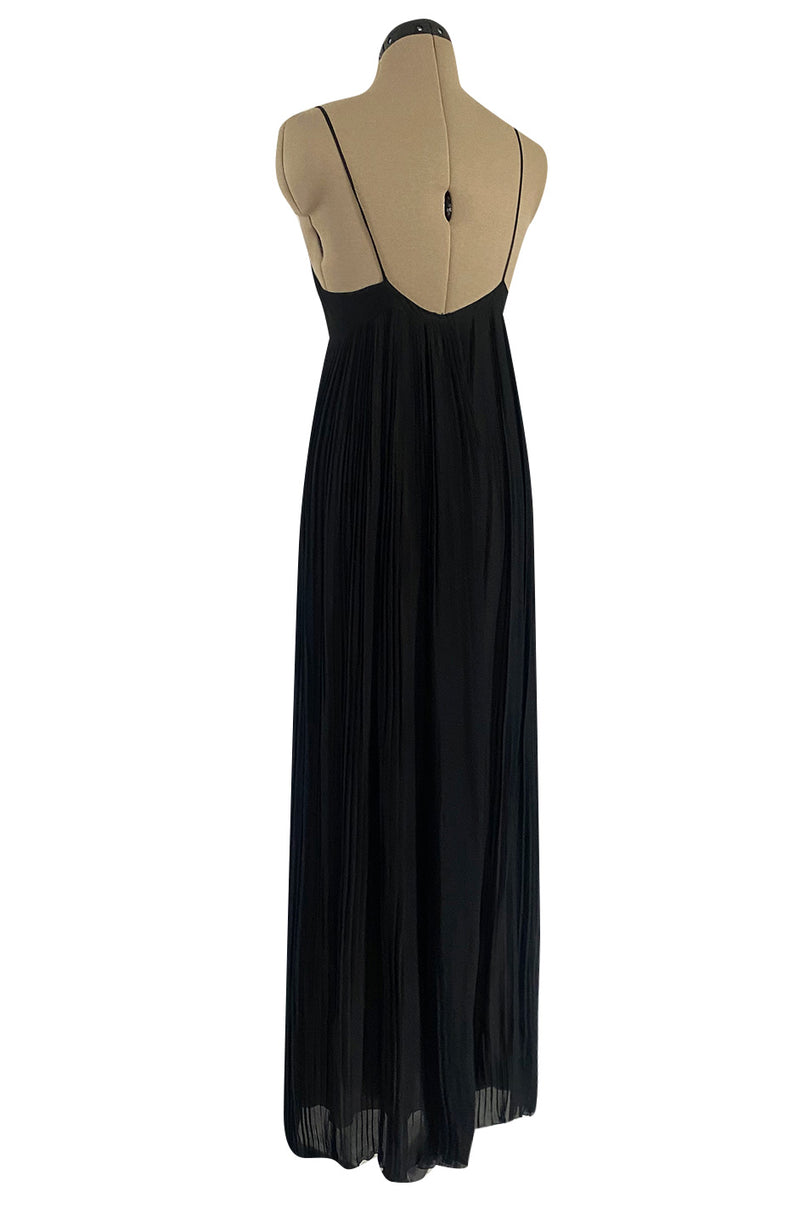 1970s Chloe by Karl Lagerfeld Black Silk Chiffon Tiny Knife Pleated Empire Bodice Dress