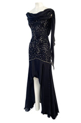 1980s Genny Draped Backless Black Silk Dress w Silver Star Thread Detailing