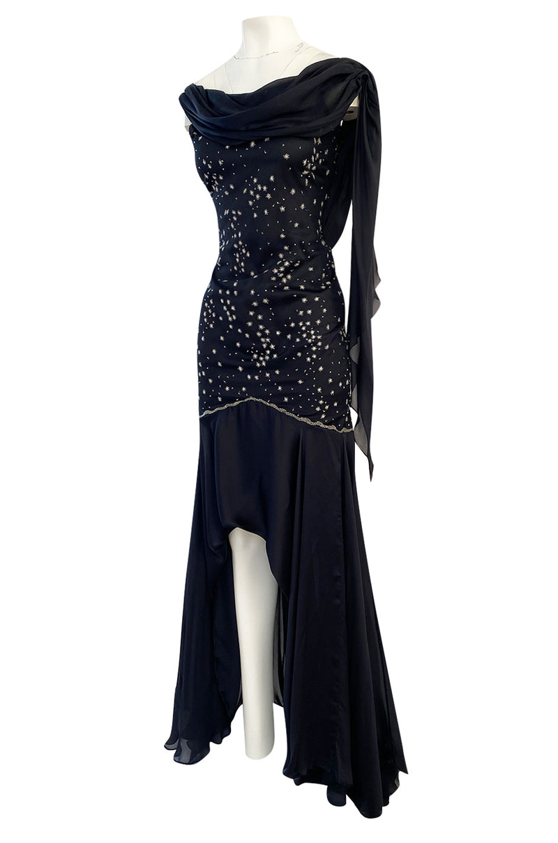 1980s Genny Draped Backless Black Silk Dress w Silver Star Thread Detailing