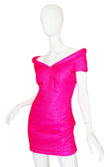 1990s Neon Pink Velvet Padded Rifat Ozbek Dress