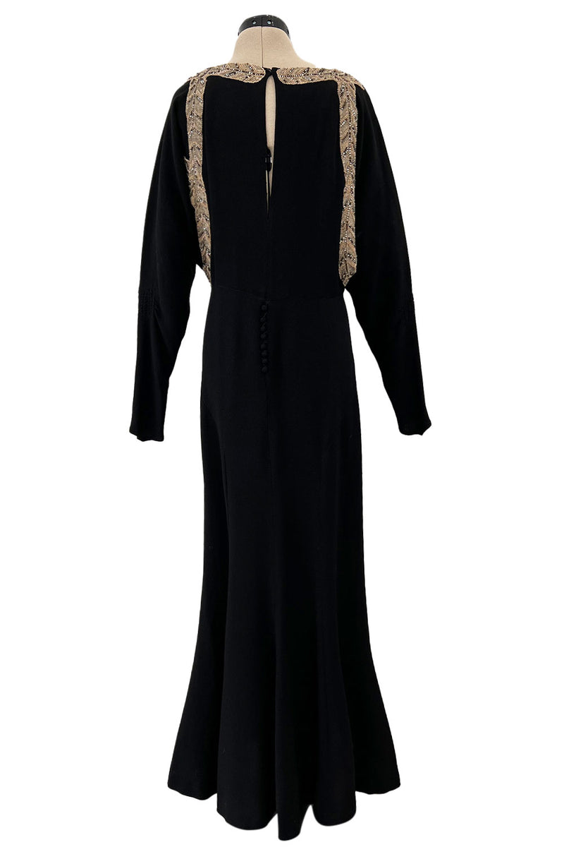Fabulous 1930s Black Bias Cut Silk Crepe Dress w Unusual Rhinestone & Beaded Applique
