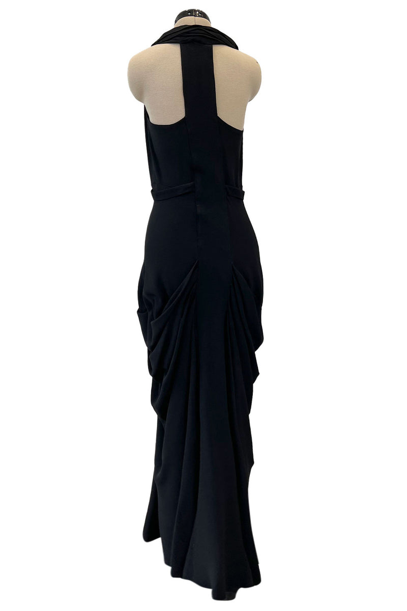 Avant Garde 1930s Black Moss Crepe Draped Halter Back Dress w Sequin Detailing
