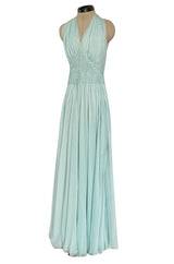 Spring 1976 Chanel Haute Couture Pale Turquoise Silk Chiffon Dress w PinTuck Gathered Front