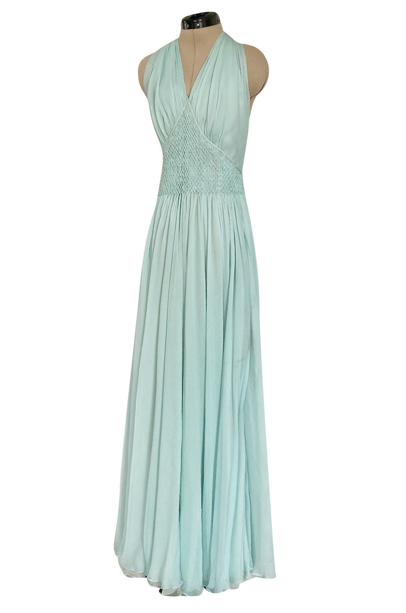Spring 1976 Chanel Haute Couture Pale Turquoise Silk Chiffon Dress w PinTuck Gathered Front