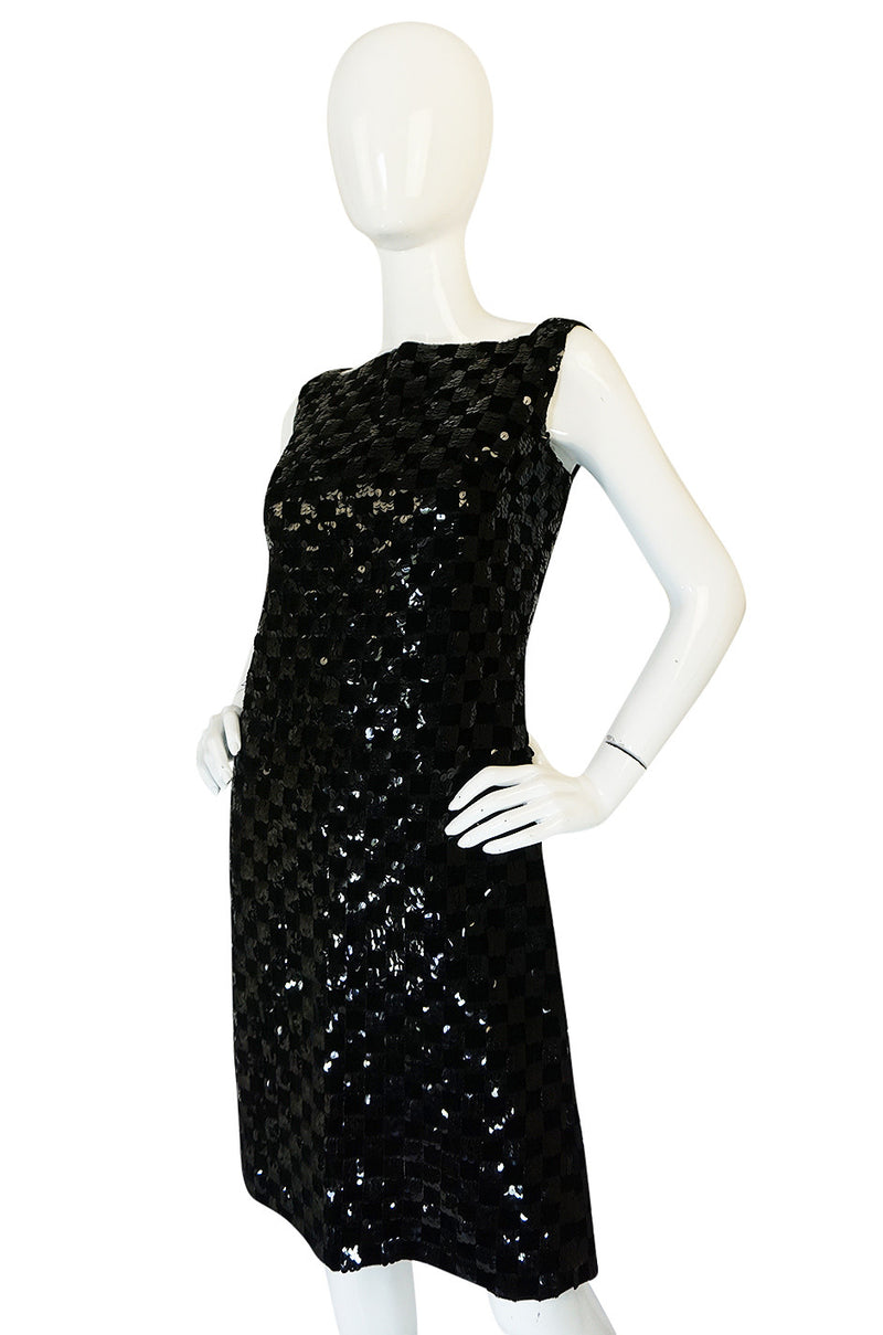 1960s Sequin & Velvet Checked Black Malcolm Starr Dress