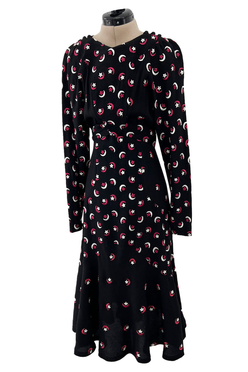 Wonderful 1971 Ossie Clark Moss Crepe Dress w Celia Birtwell Moon & Star Embroidery