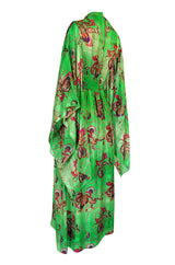 1970s Mollie Parnis Kimono Sleeve Printed Green Silk Dress