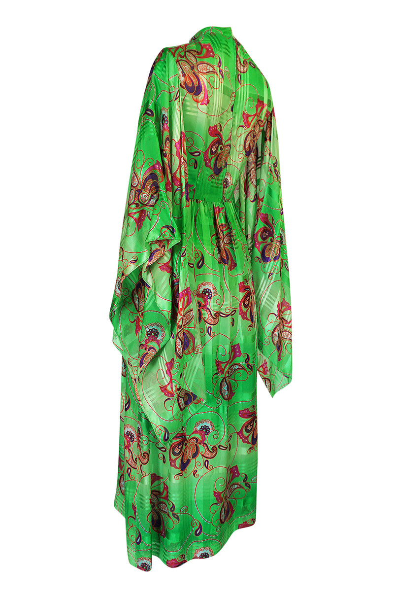 1970s Mollie Parnis Kimono Sleeve Printed Green Silk Dress
