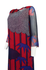 1970s Hanae Mori Silk Chiffon Beautifully Printed Caftan Dress