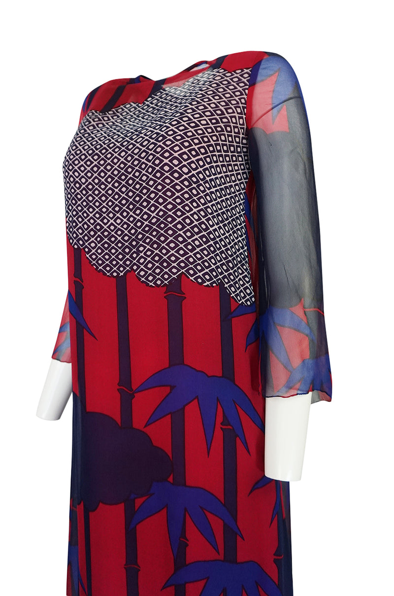 1970s Hanae Mori Silk Chiffon Beautifully Printed Caftan Dress