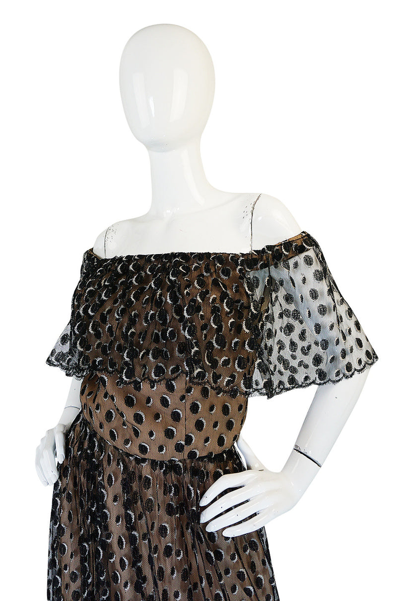 1970s Jean Louis Dotted Net & Silk Off Shoulder Dress