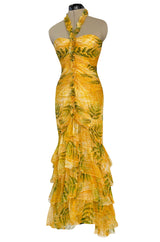 Spring 2004 Oscar de la Renta Runway Yellow Silk Chiffon Ruffled Dress w Fern & Floral Print