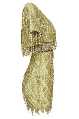 1991 Bob Mackie Gold Sequin Dangle Thread on Metallic Lace Mini Dress