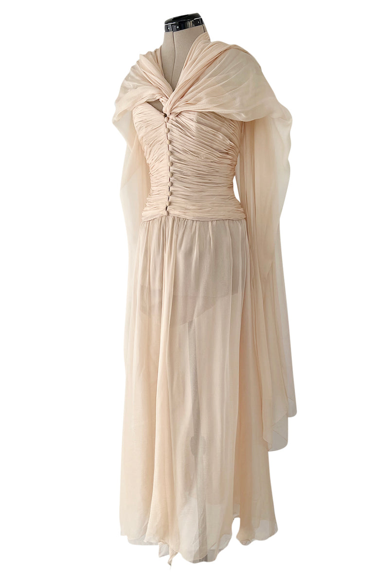 Incredible Spring 1985 Chanel by Karl Lagerfeld Pale Nude Silk Chiffon Dress w Attached Cape