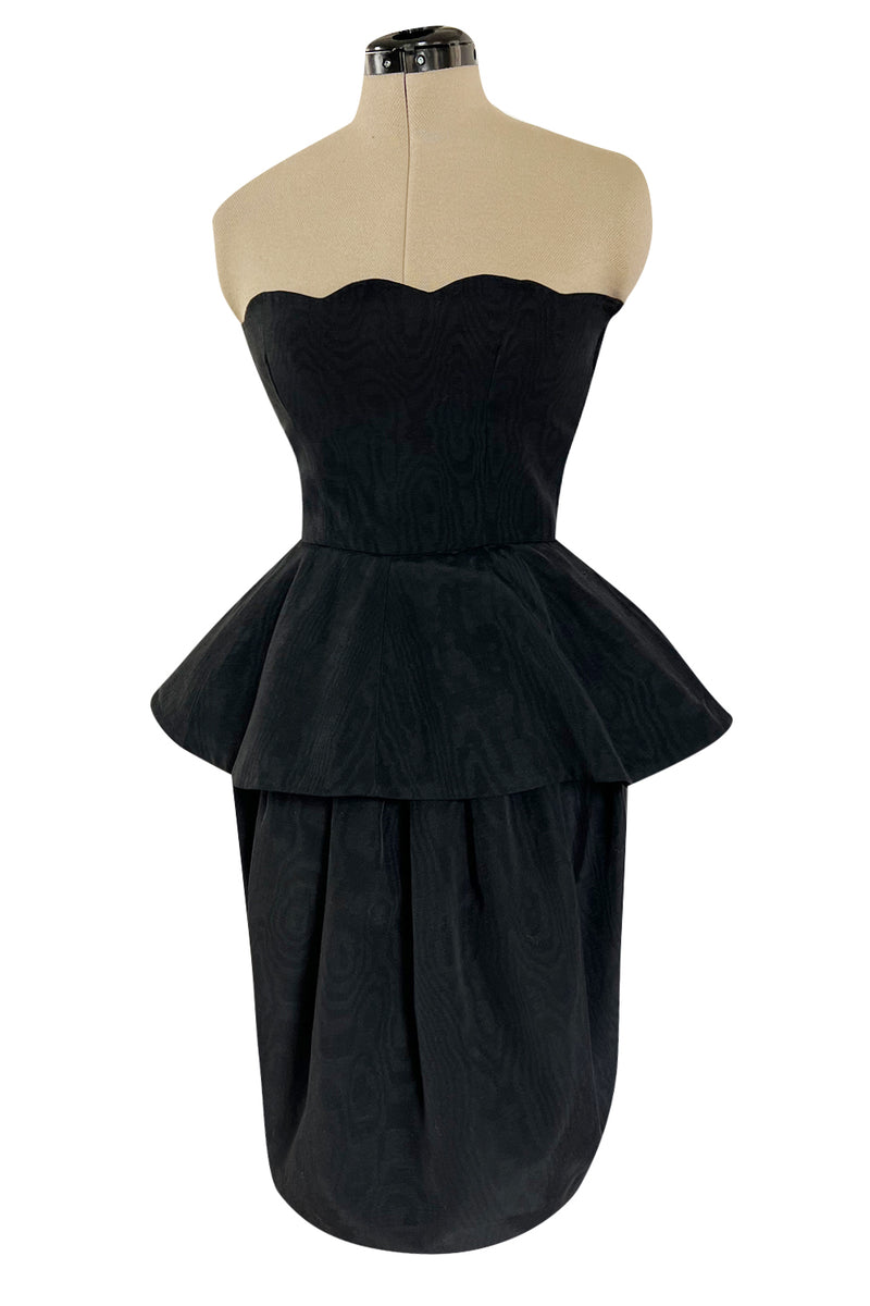 1980s Lanvin by Jules-Francois Crahay Strapless Black Dress w Hip Peplum