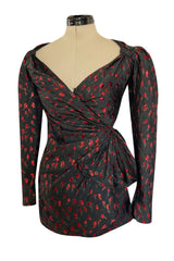 2019 Attico Micro Mini Red Metallic Rose Print Wrap Dress w Pouf Sleeves
