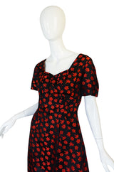 1950s Black Silk with Red Embroidered Floral Detail Dress