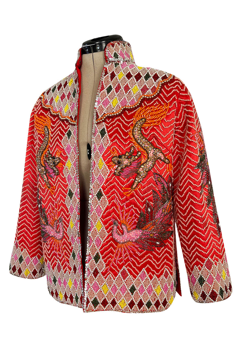 Extraordinary 1940s Densely Hand Beaded & Sequin Red Silk Satin Asian Jacket