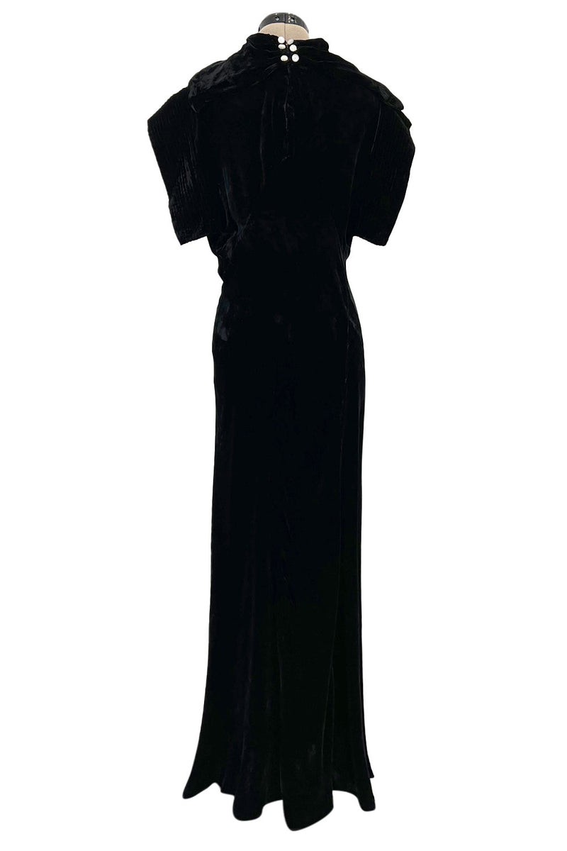 Stunning 1930s Black Silk Velvet Bias Cut Dress w Top Stitched Sleeves & Silver Glitter Buttons