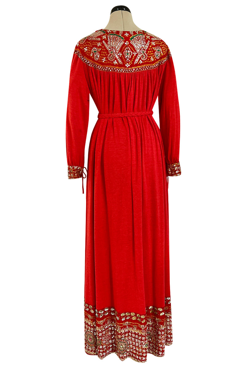 Spectacular 1970s Louis Feraud Haute Couture Orange Red Caftan Sequin Dress